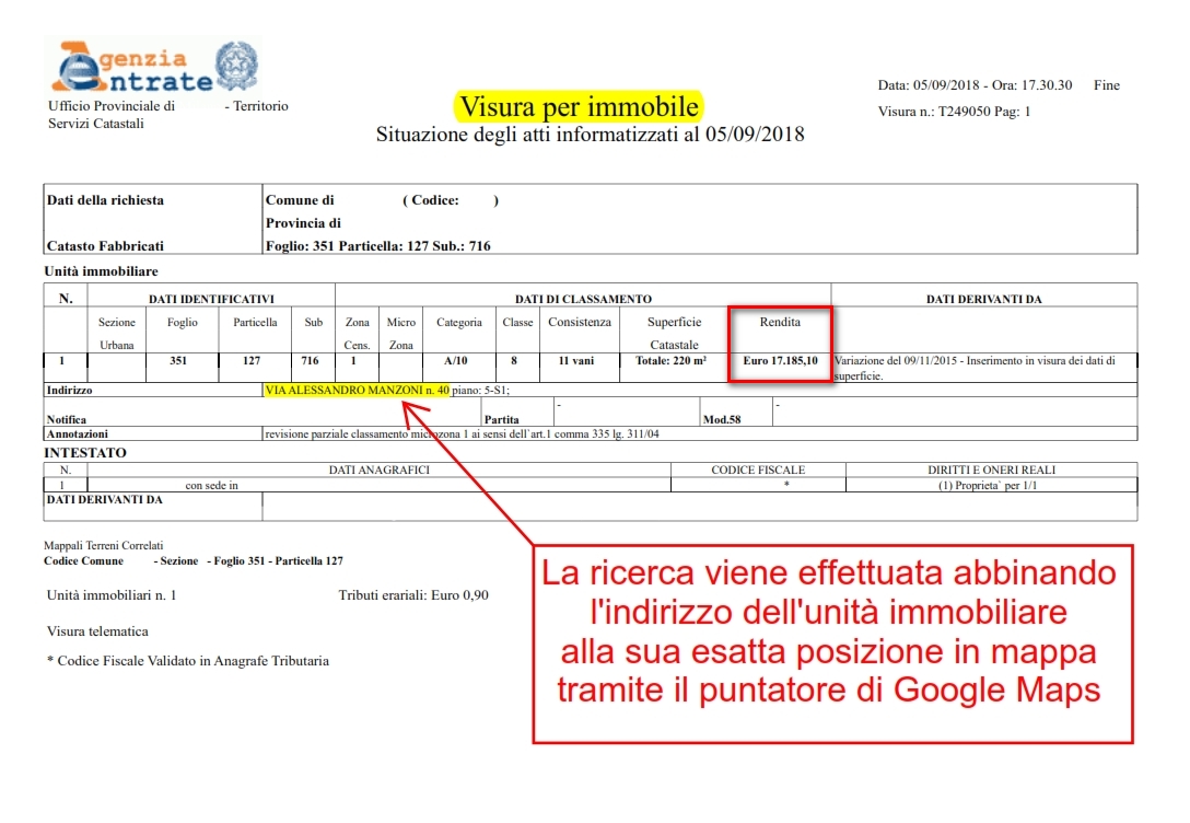Ottieni la rendita catastale online indicata in visura Catasto Semplice