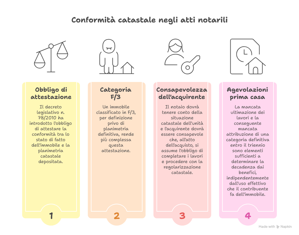 Rogito notarile e conformità catastale per immobile in categoria F/3 senza planimetria definitiva e obbligo di regolarizzazione.