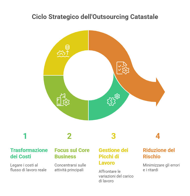 Tabella sintetica dei quattro driver dell'outsourcing Docfa nel B2B: costi variabili, focus sul core business, gestione dei picchi e riduzione del rischio.
